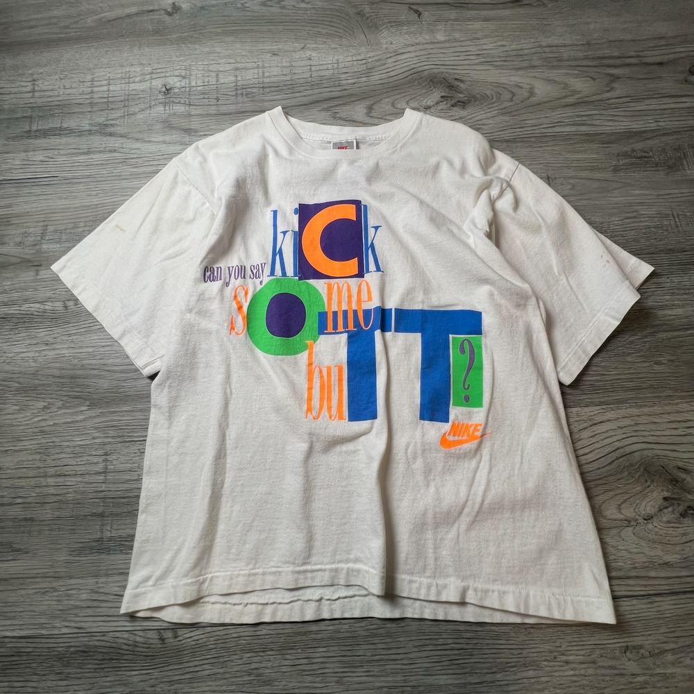 Nike Graphic T-Shirt Mens Small White Vintage 90s Kick Some Butt Made in USA